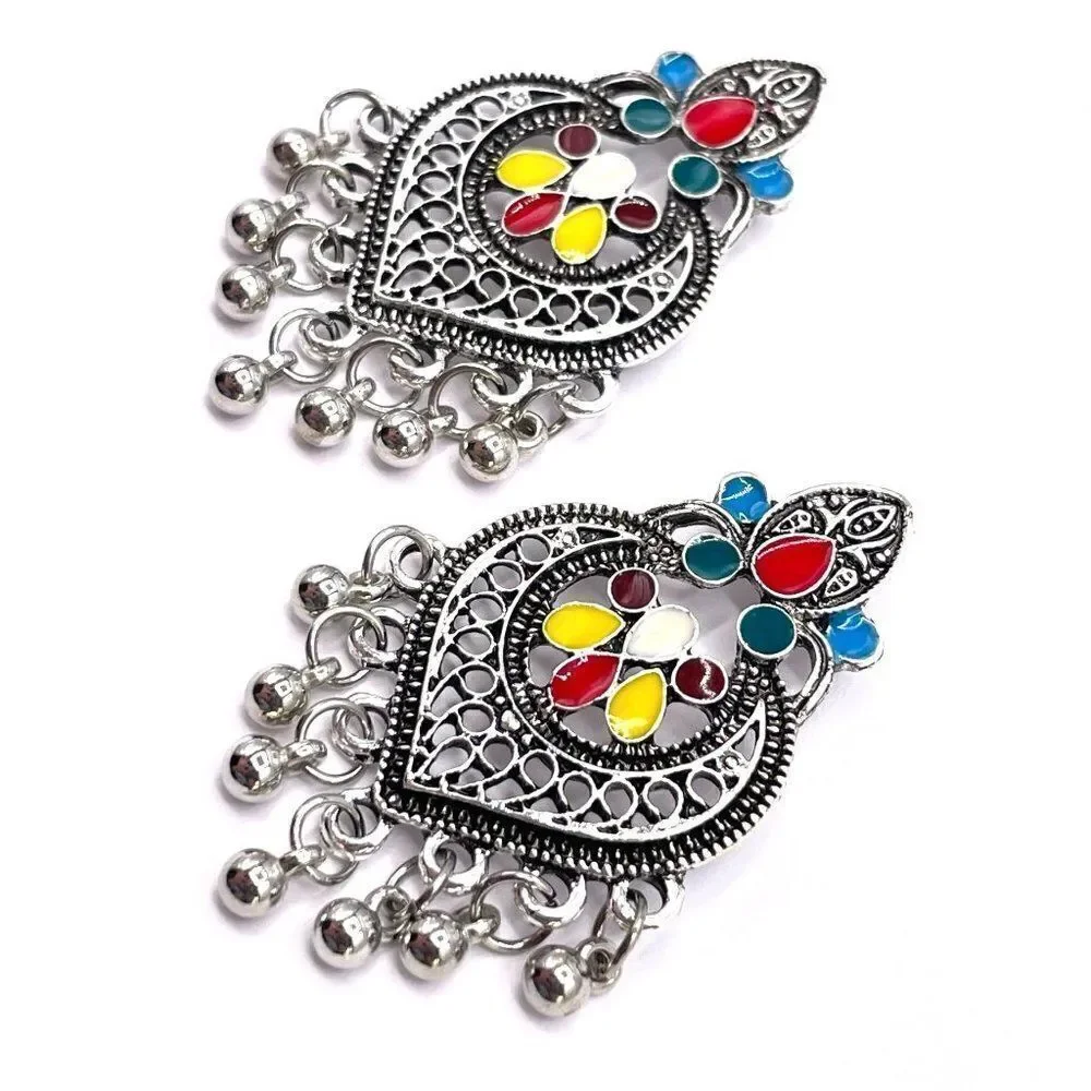 Silver with Multicolored Oil Drip Boho Dangling Drop Post Back Earrings
